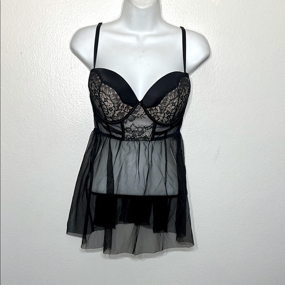 Victoria's Secret Black Lace Chemise with Sheer Mesh
